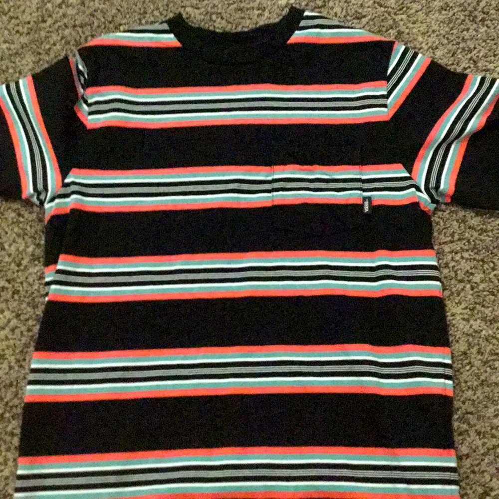 Pink blue white and black striped vans shirt